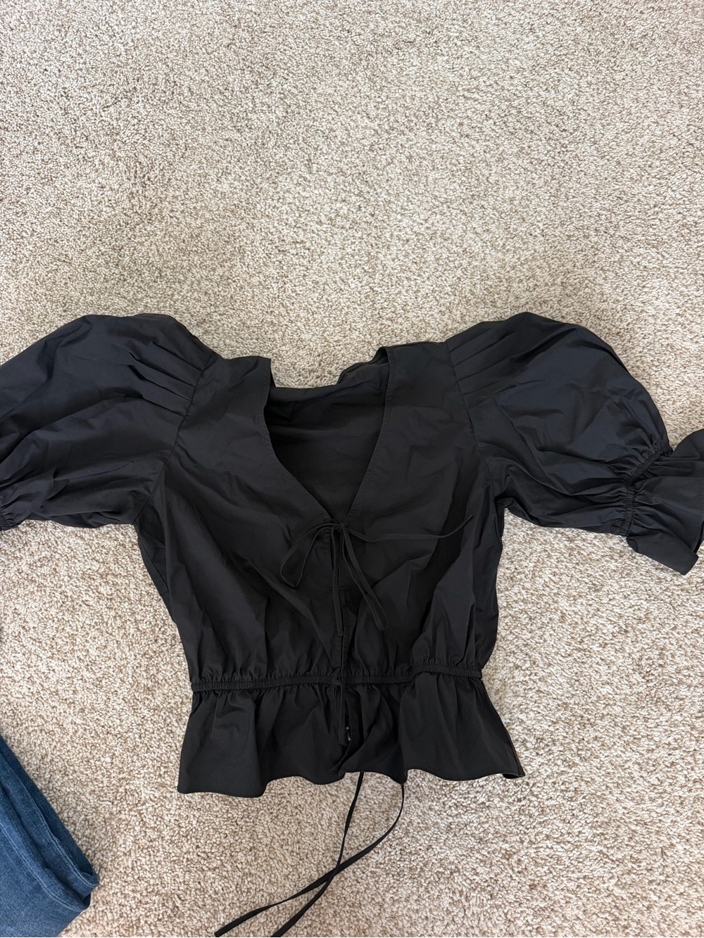 Black Puff Sleeve Tie-Front Peplum Top - Women